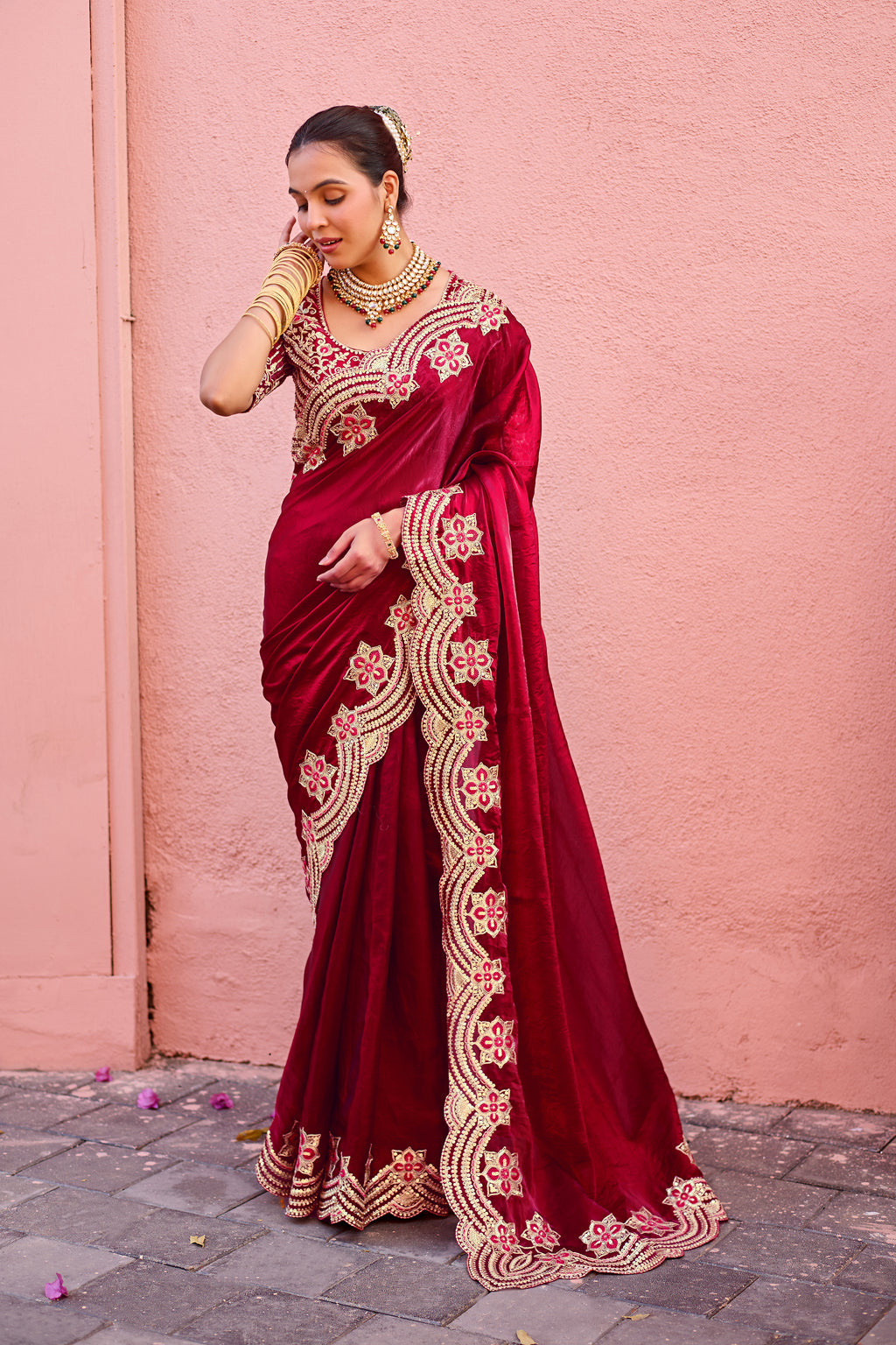 Kusum Saree – Grand Bridal Ensemble with Embroidered Kamarband | Fancy Satin