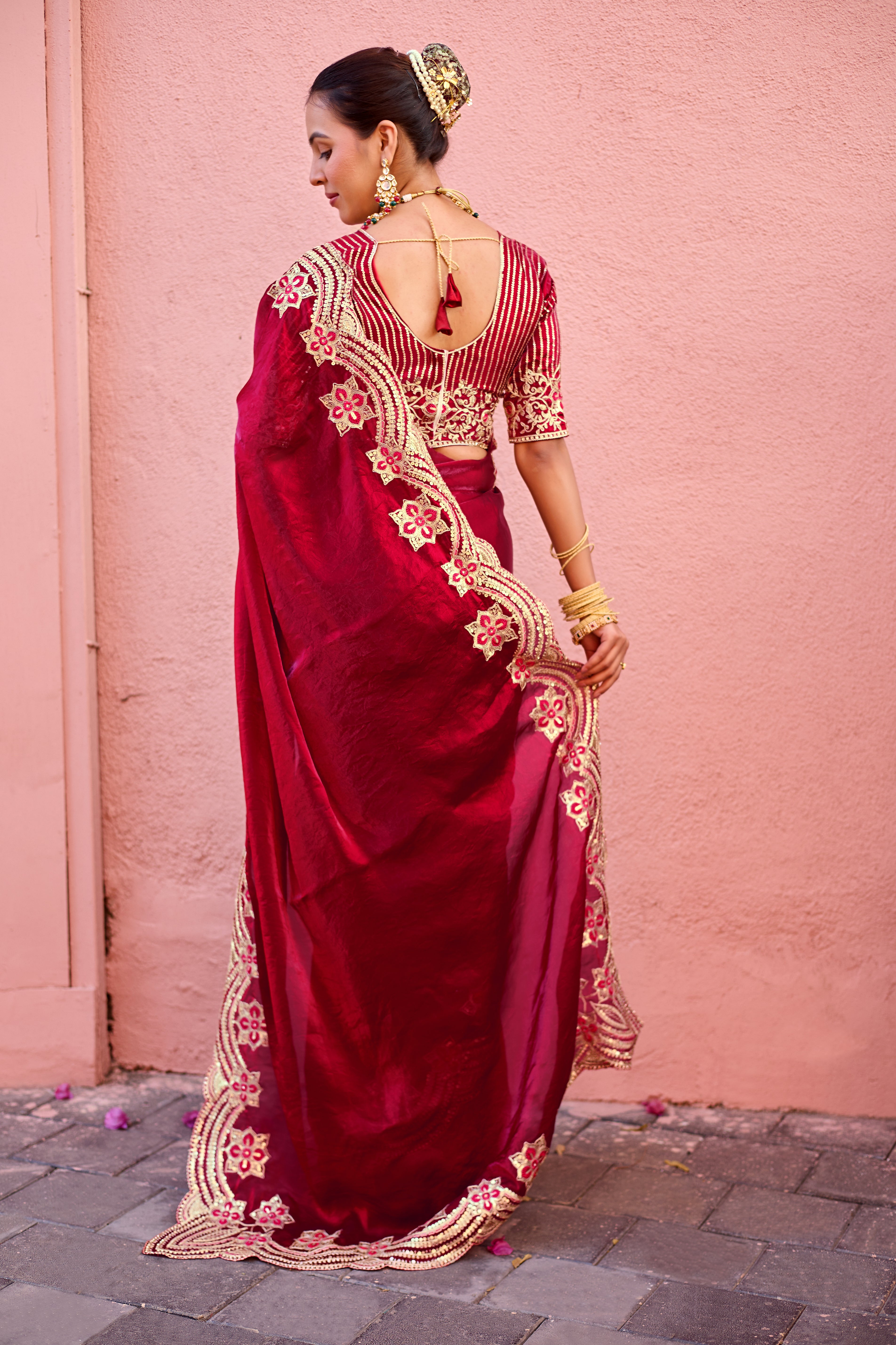 Kusum Saree – Grand Bridal Ensemble with Embroidered Kamarband | Fancy Satin