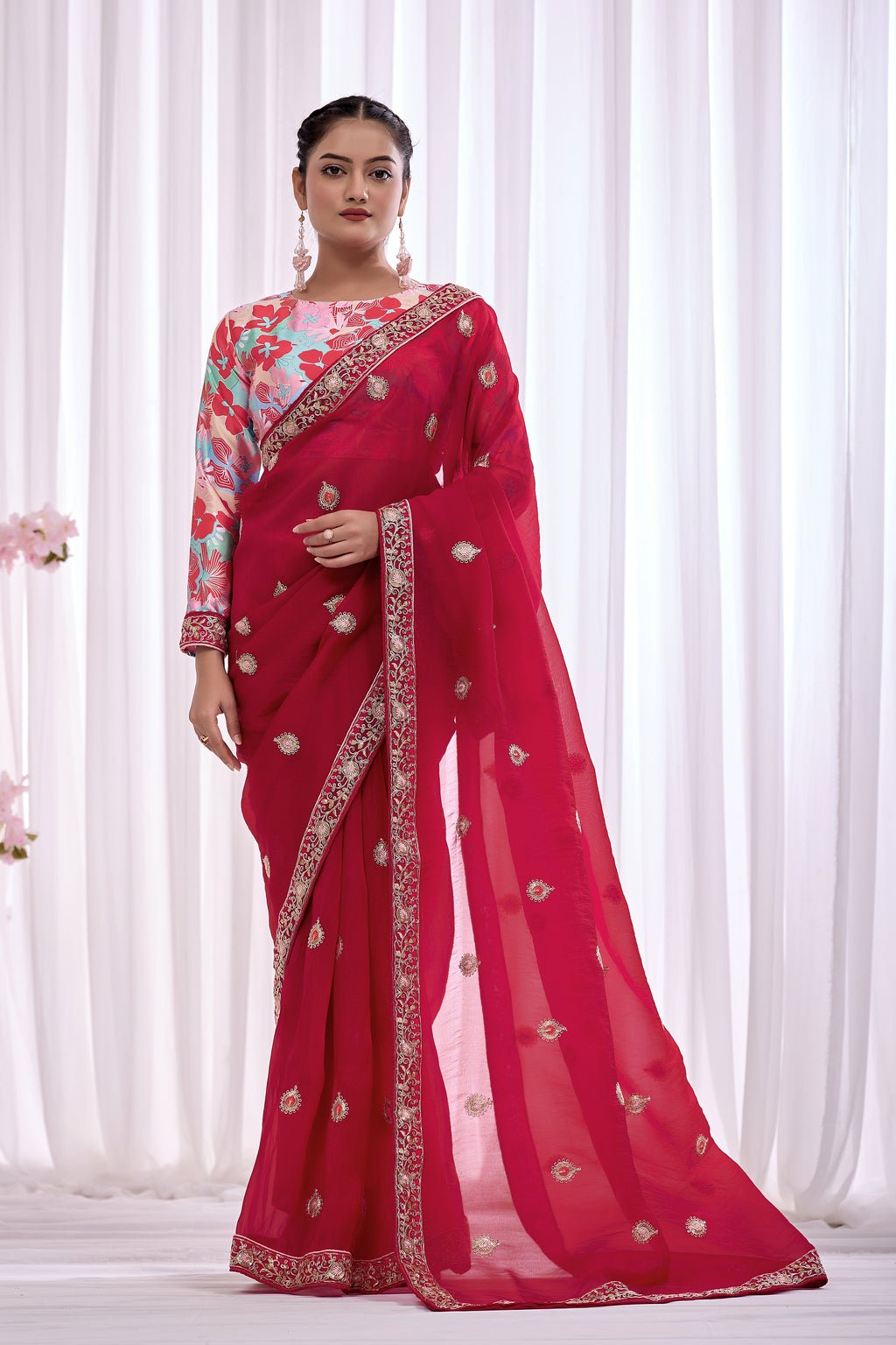 Rani — Crimson Embroidered Organza Saree | Morpankh 1.0