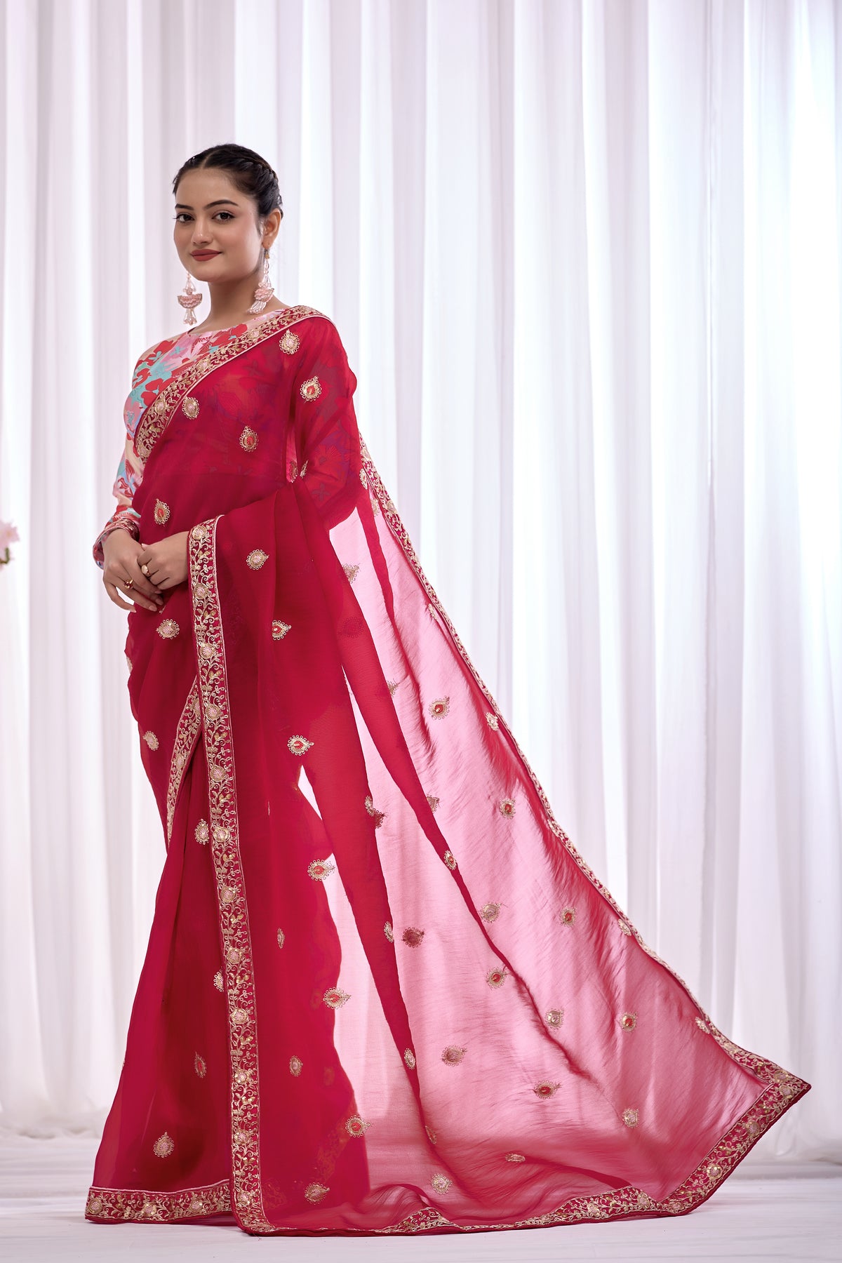Rani — Crimson Embroidered Organza Saree | Morpankh 1.0