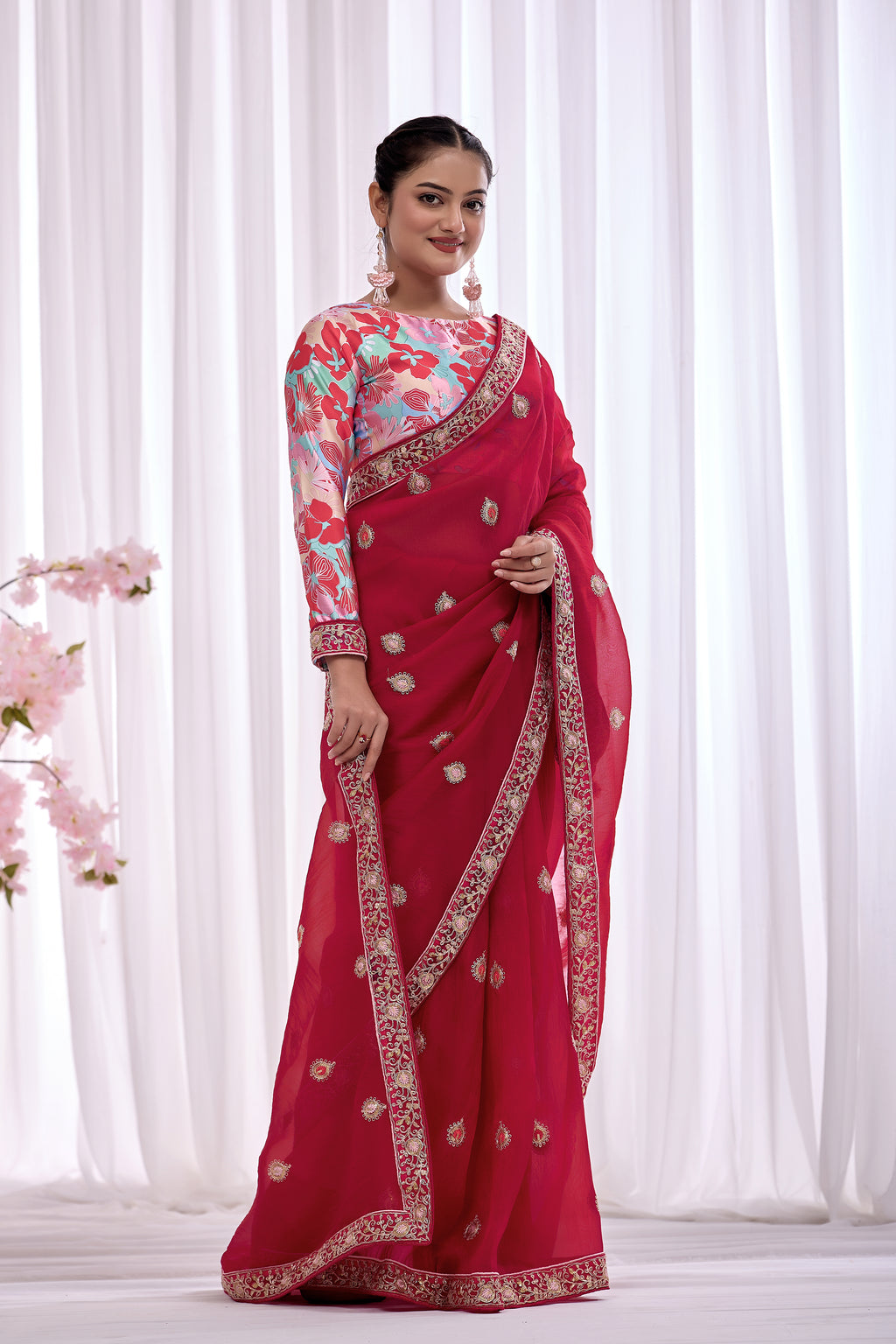 Rani — Crimson Embroidered Organza Saree | Morpankh 1.0
