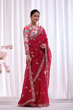 Rani — Crimson Embroidered Organza Saree | Morpankh 1.0
