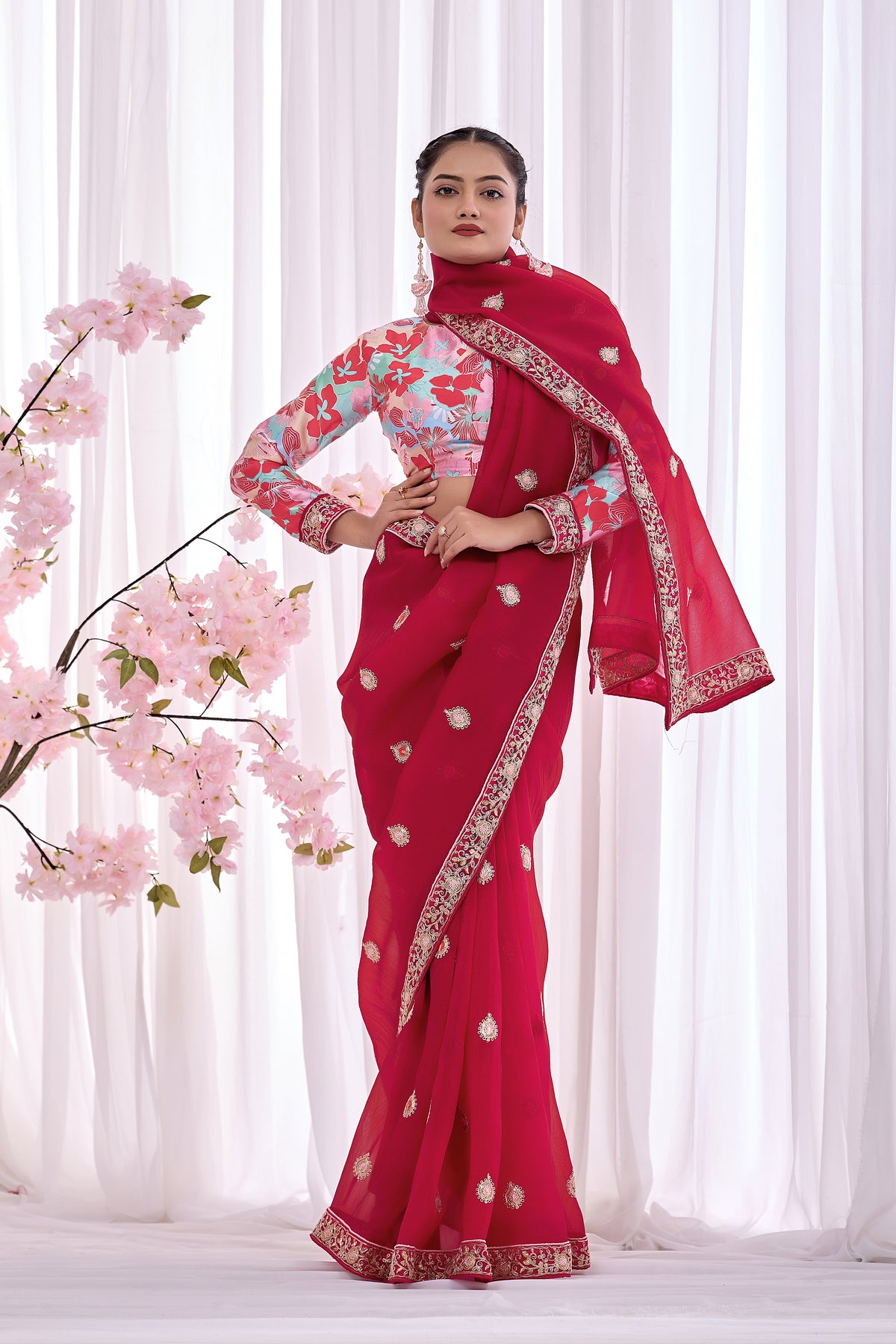 Rani — Crimson Embroidered Organza Saree | Morpankh 1.0