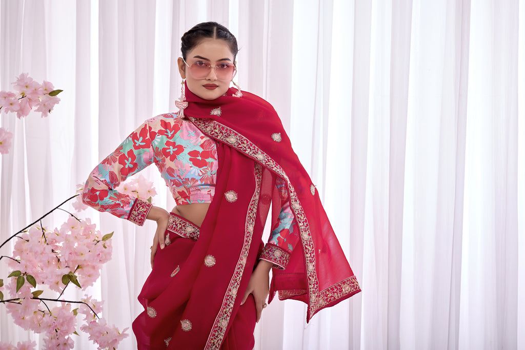 Rani — Crimson Embroidered Organza Saree | Morpankh 1.0