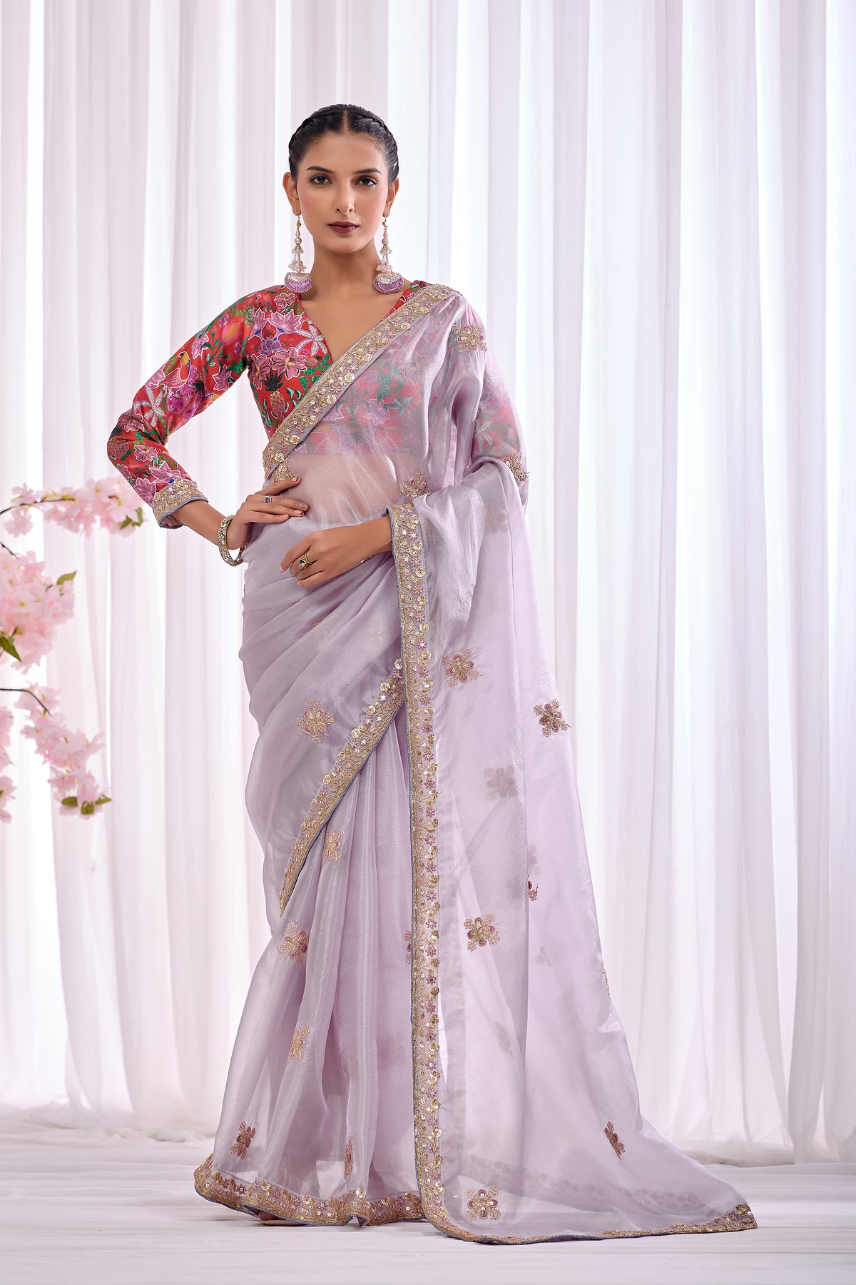 Sanjh — Lilac Embroidered Tissue Organza Saree | Morpankh 1.0