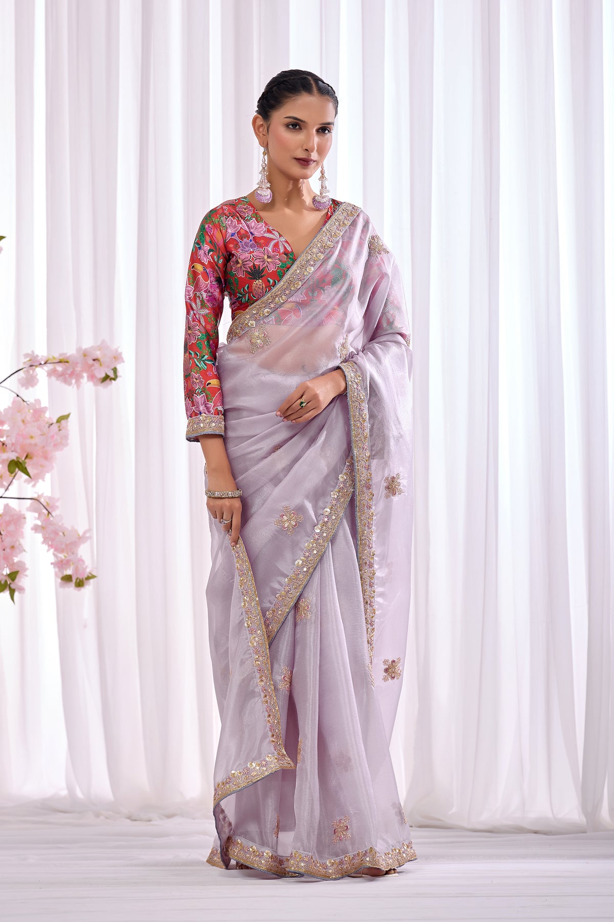 Sanjh — Lilac Embroidered Tissue Organza Saree | Morpankh 1.0