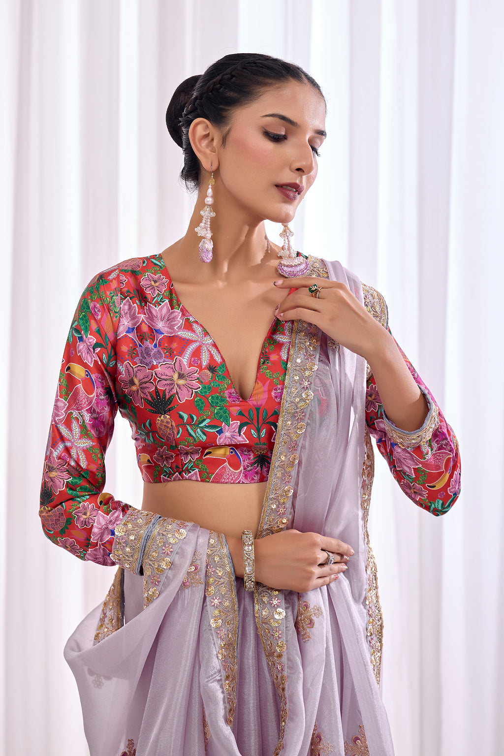 Sanjh — Lilac Embroidered Tissue Organza Saree | Morpankh 1.0