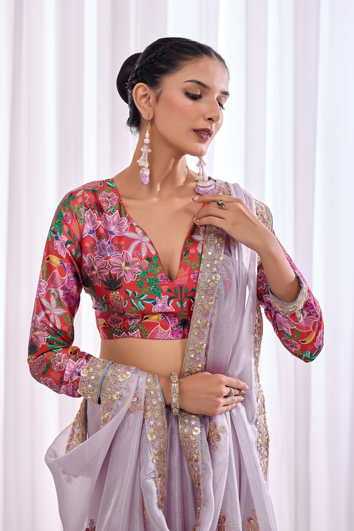 Sanjh — Lilac Embroidered Tissue Organza Saree | Morpankh 1.0