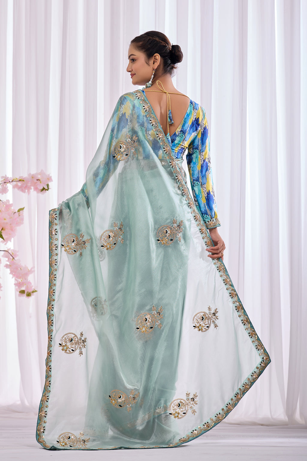 Lahari — Aqua Mint Embroidered Tissue Organza Saree | Morpankh 1.0