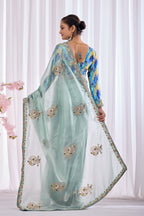 Lahari — Aqua Mint Embroidered Tissue Organza Saree | Morpankh 1.0