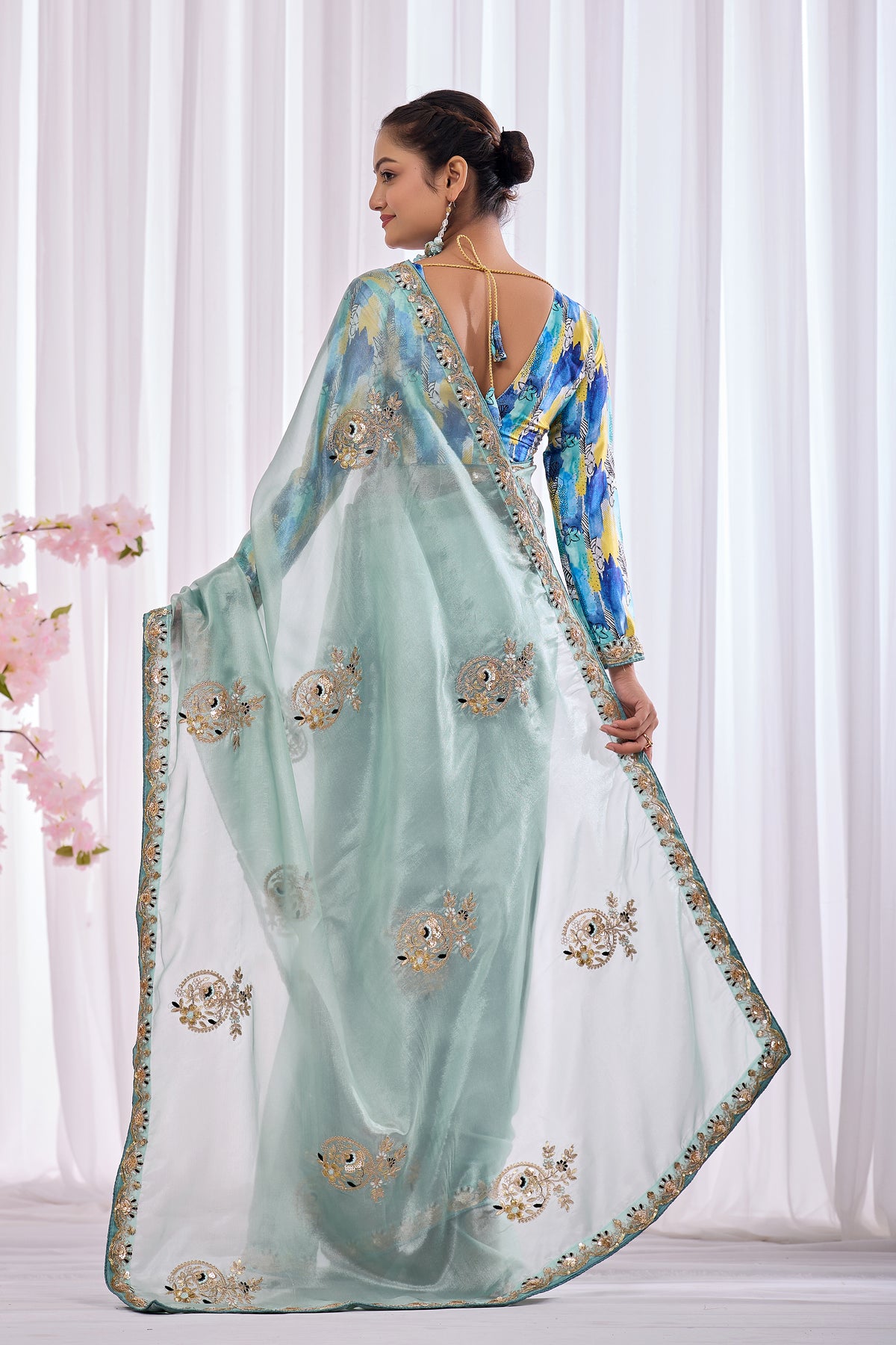 Lahari — Aqua Mint Embroidered Tissue Organza Saree | Morpankh 1.0