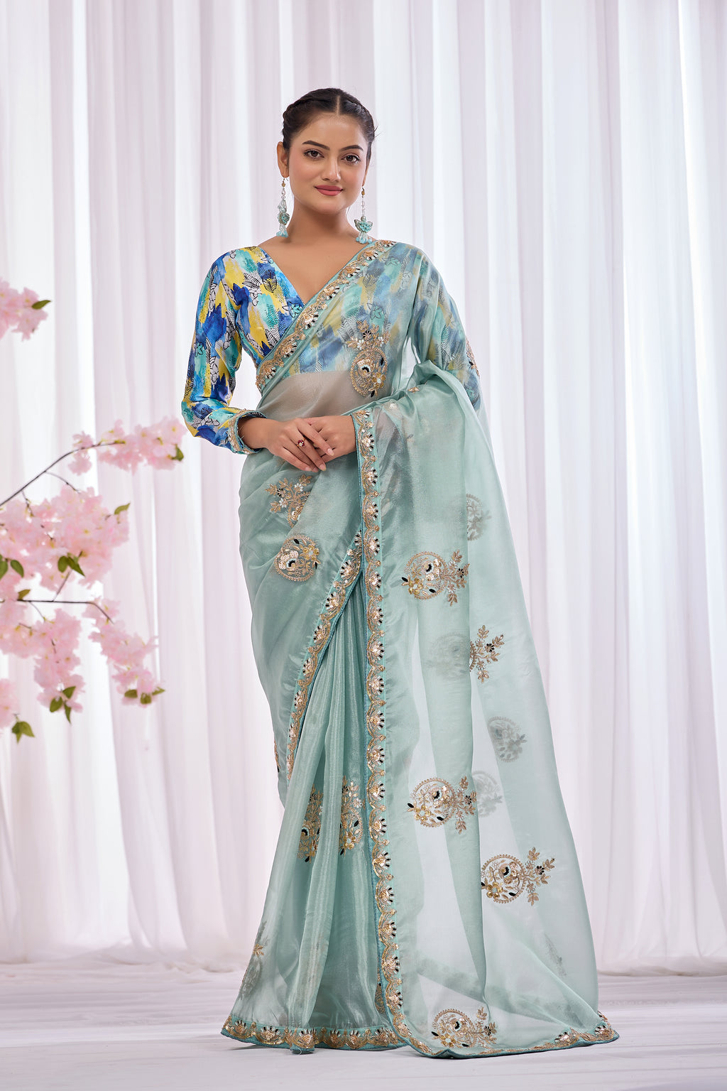 Lahari — Aqua Mint Embroidered Tissue Organza Saree | Morpankh 1.0