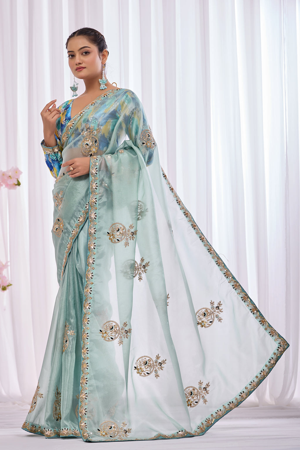 Lahari — Aqua Mint Embroidered Tissue Organza Saree | Morpankh 1.0
