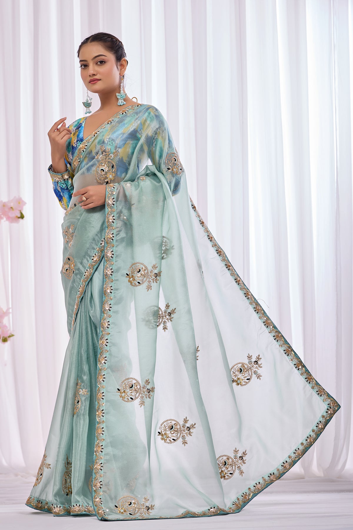 Lahari — Aqua Mint Embroidered Tissue Organza Saree | Morpankh 1.0