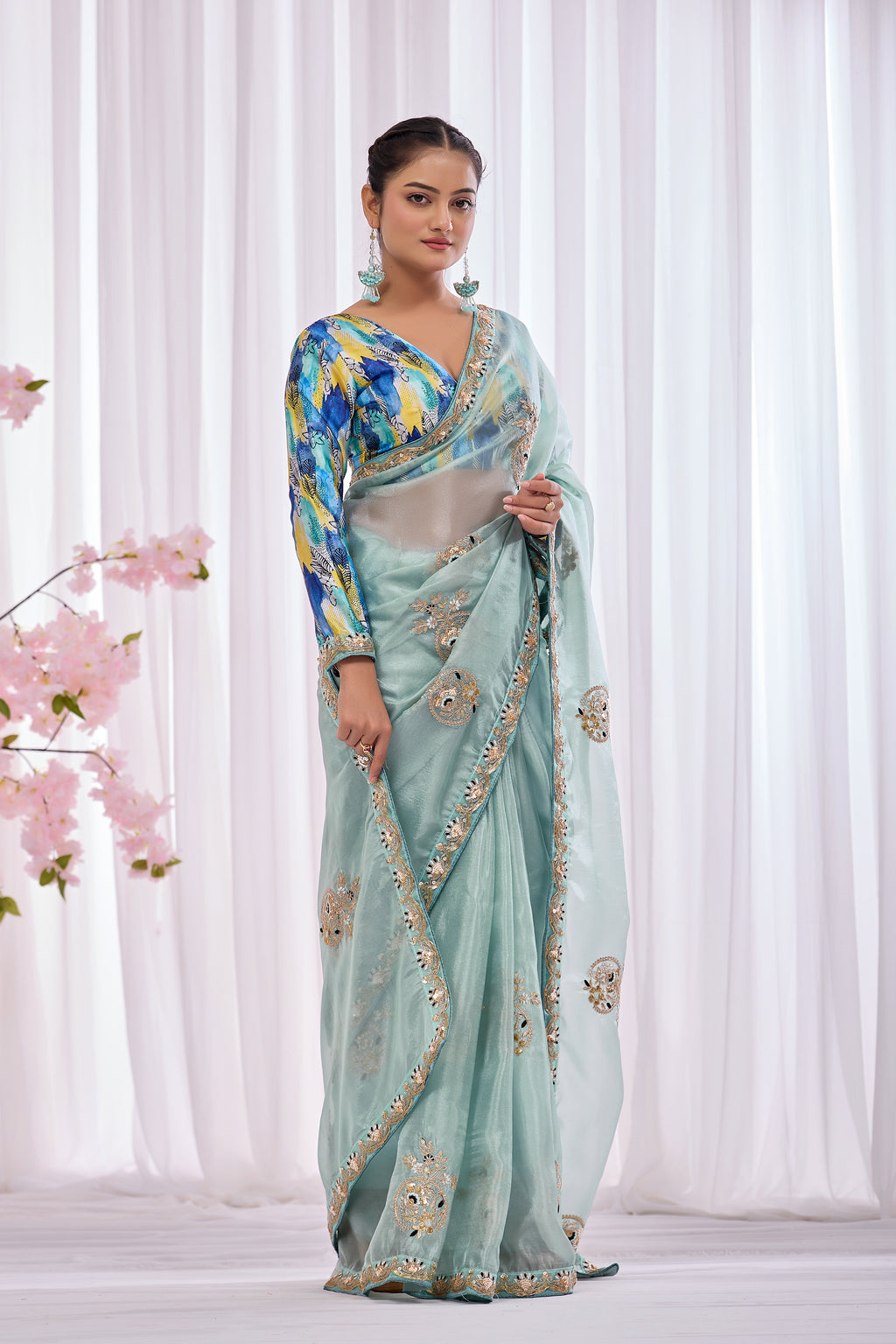 Lahari — Aqua Mint Embroidered Tissue Organza Saree | Morpankh 1.0