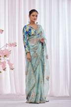 Lahari — Aqua Mint Embroidered Tissue Organza Saree | Morpankh 1.0
