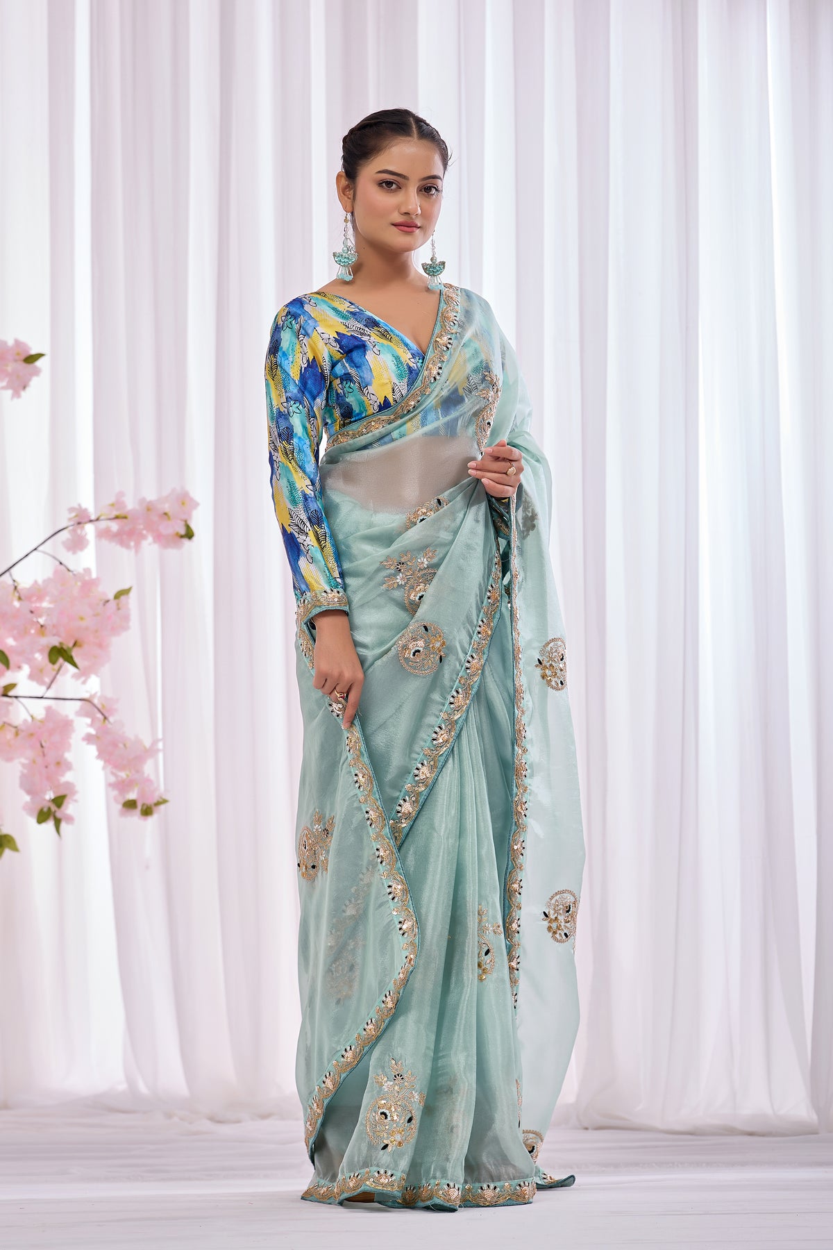 Lahari — Aqua Mint Embroidered Tissue Organza Saree | Morpankh 1.0