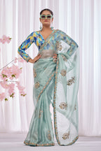 Lahari — Aqua Mint Embroidered Tissue Organza Saree | Morpankh 1.0