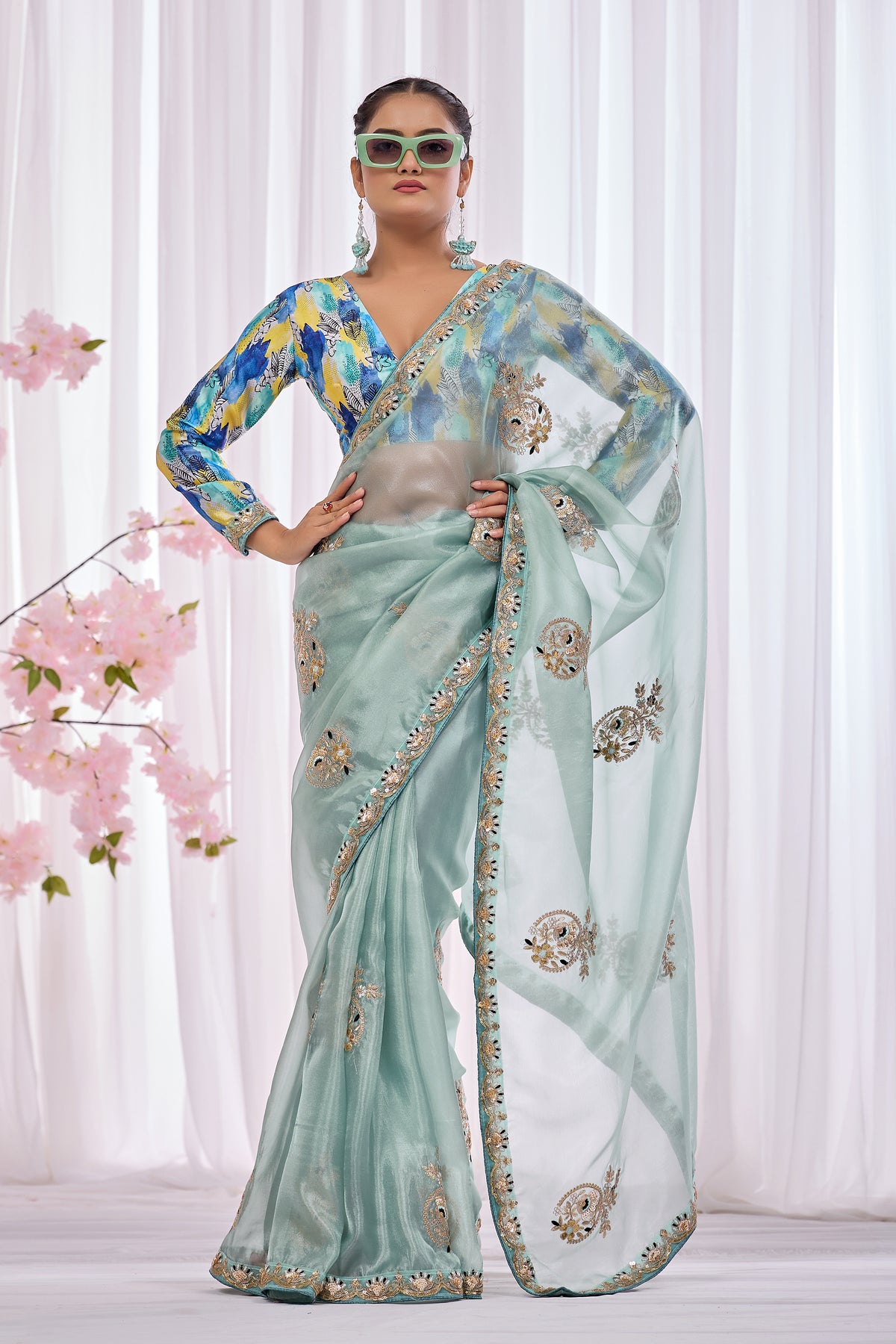 Lahari — Aqua Mint Embroidered Tissue Organza Saree | Morpankh 1.0