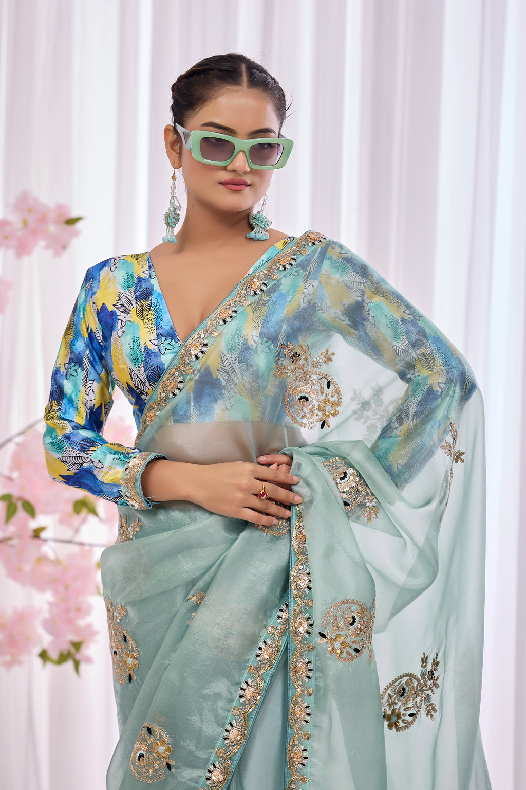 Lahari — Aqua Mint Embroidered Tissue Organza Saree | Morpankh 1.0