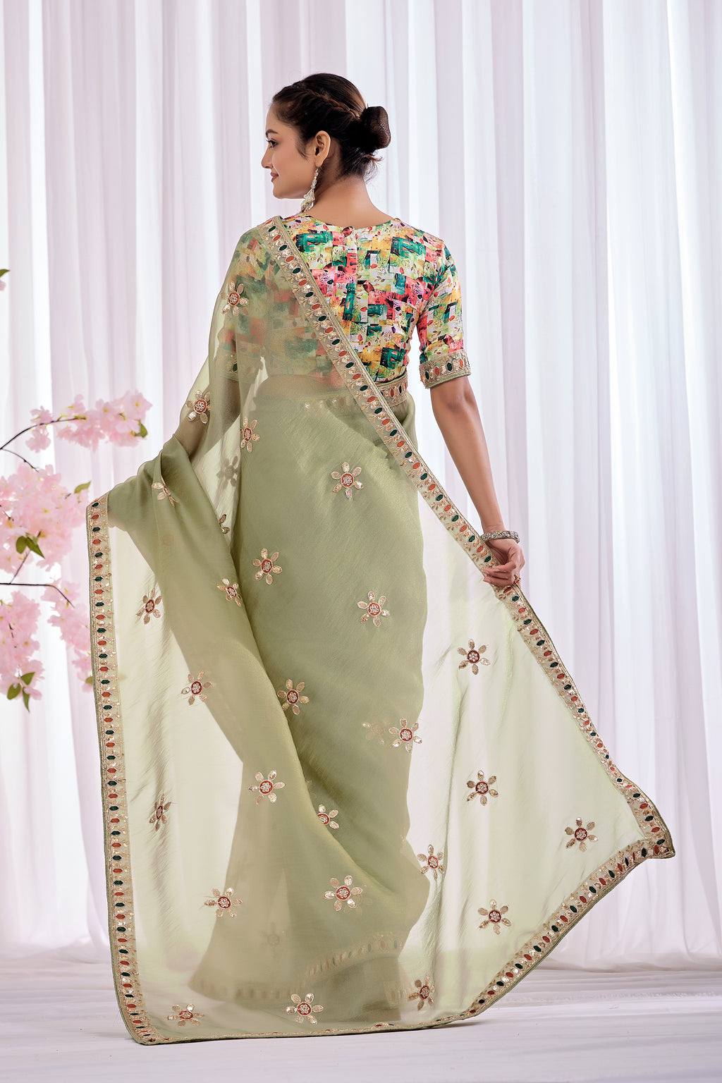 Pallavi — Sage Green Embroidered Organza Saree | Morpankh 1.0
