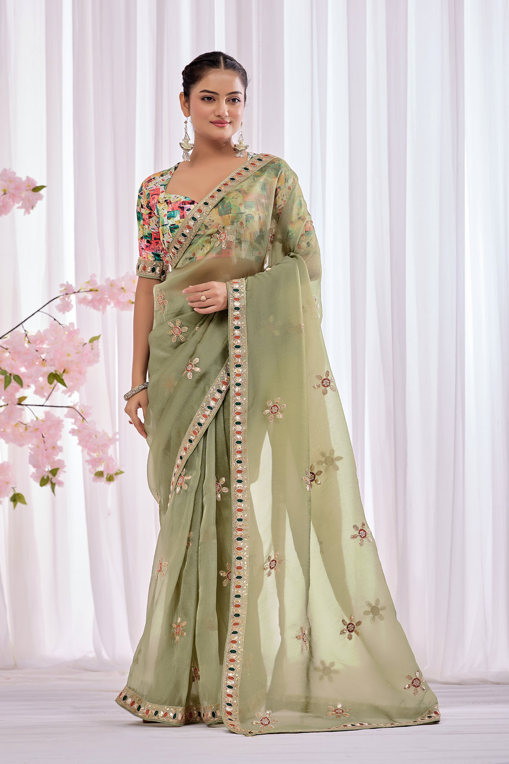 Pallavi — Sage Green Embroidered Organza Saree | Morpankh 1.0