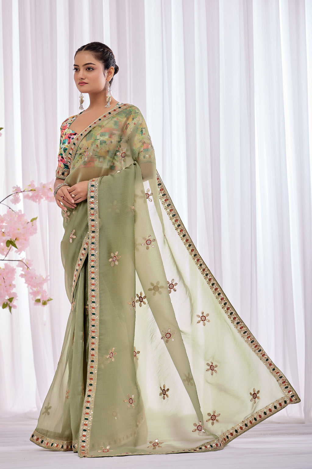 Pallavi — Sage Green Embroidered Organza Saree | Morpankh 1.0
