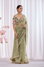 Pallavi — Sage Green Embroidered Organza Saree | Morpankh 1.0