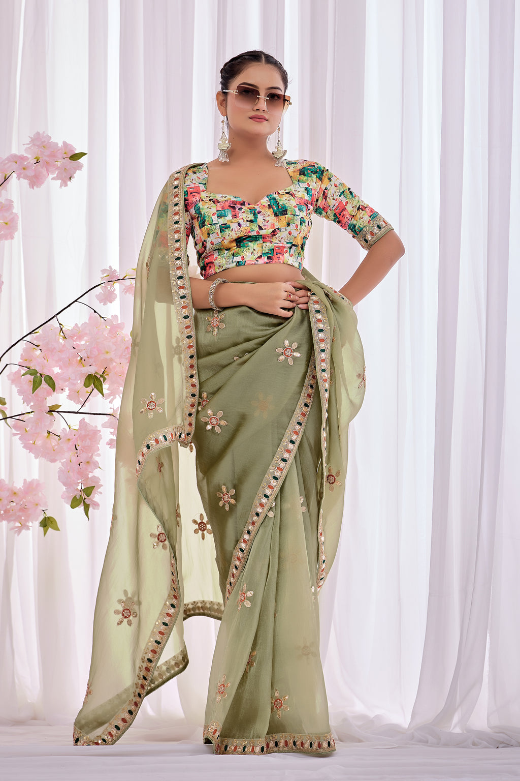 Pallavi — Sage Green Embroidered Organza Saree | Morpankh 1.0