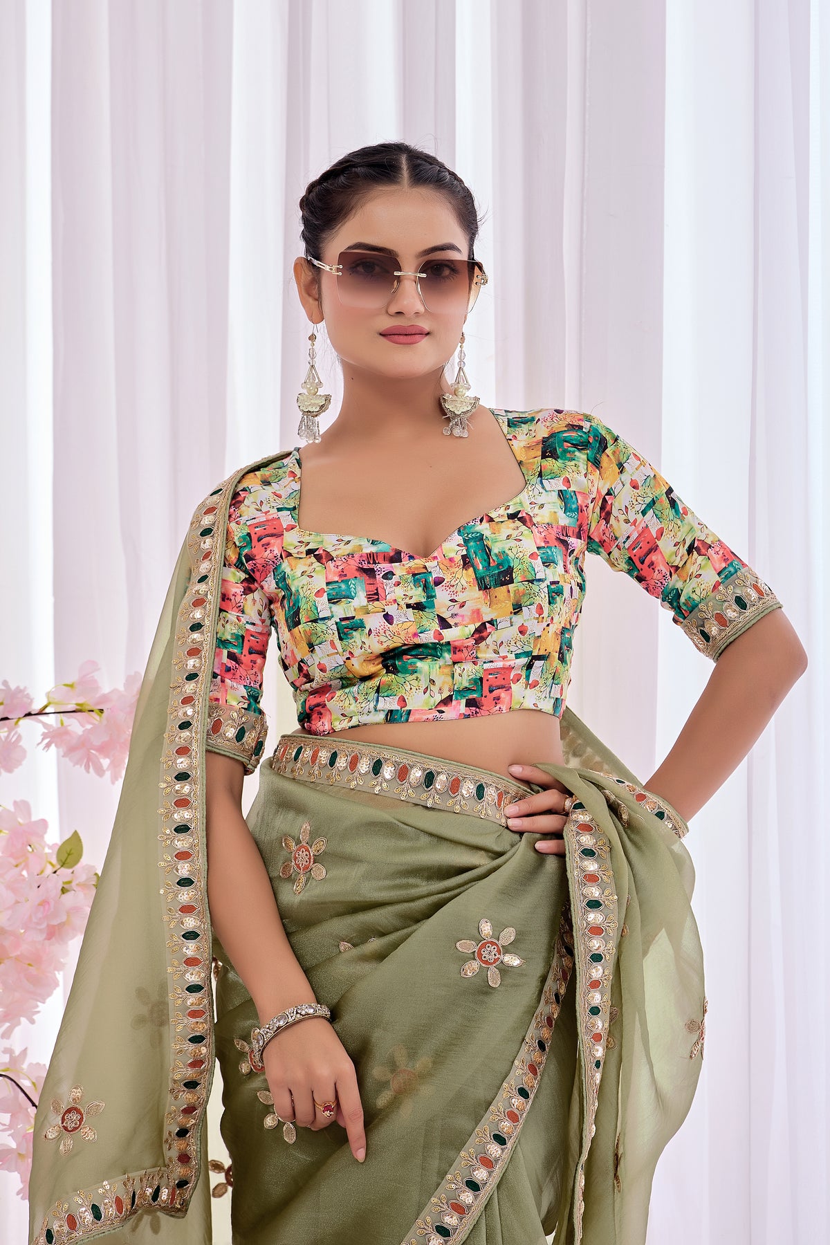 Pallavi — Sage Green Embroidered Organza Saree | Morpankh 1.0