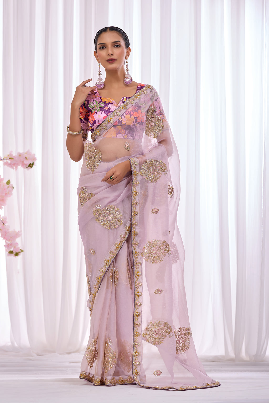 Lavanya — Lavender Embroidered Organza Saree | Morpankh 1.0
