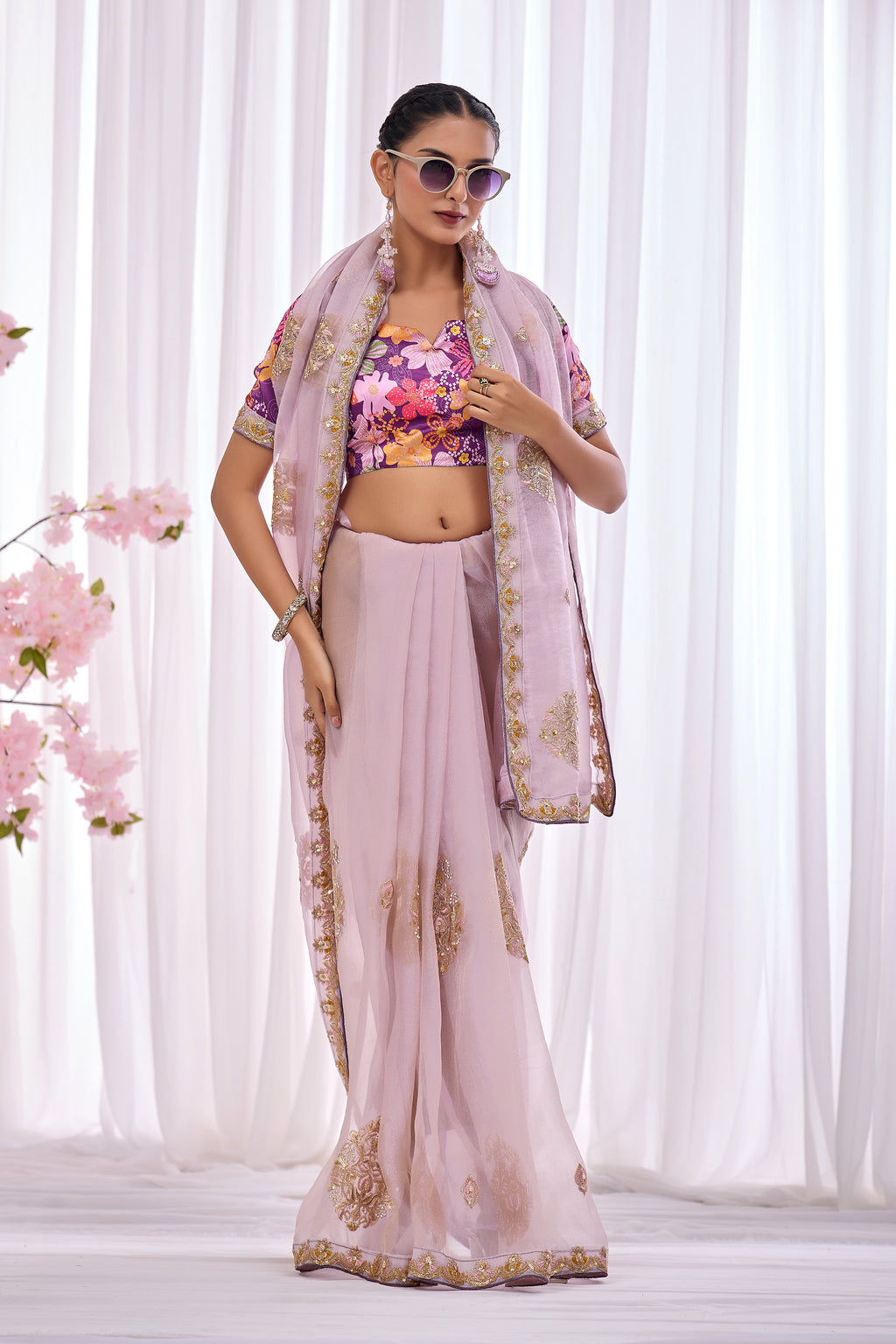 Lavanya — Lavender Embroidered Organza Saree | Morpankh 1.0