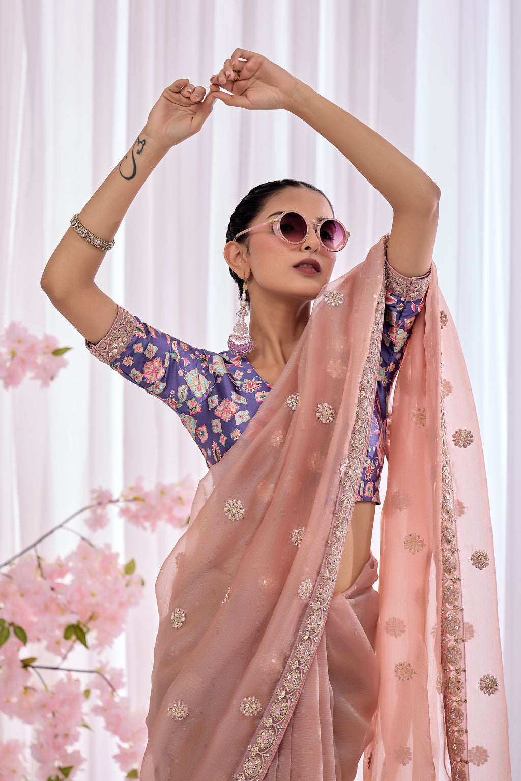 Tara — Blush Pink Embroidered Organza Saree | Morpankh 1.0