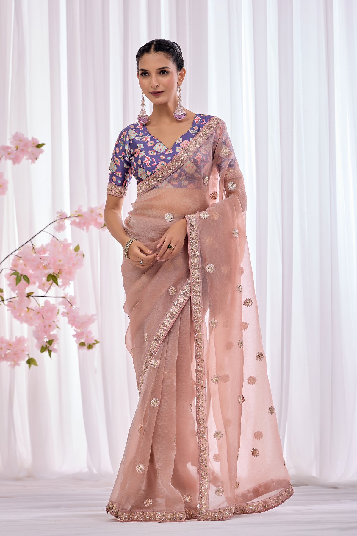 Tara — Blush Pink Embroidered Organza Saree | Morpankh 1.0
