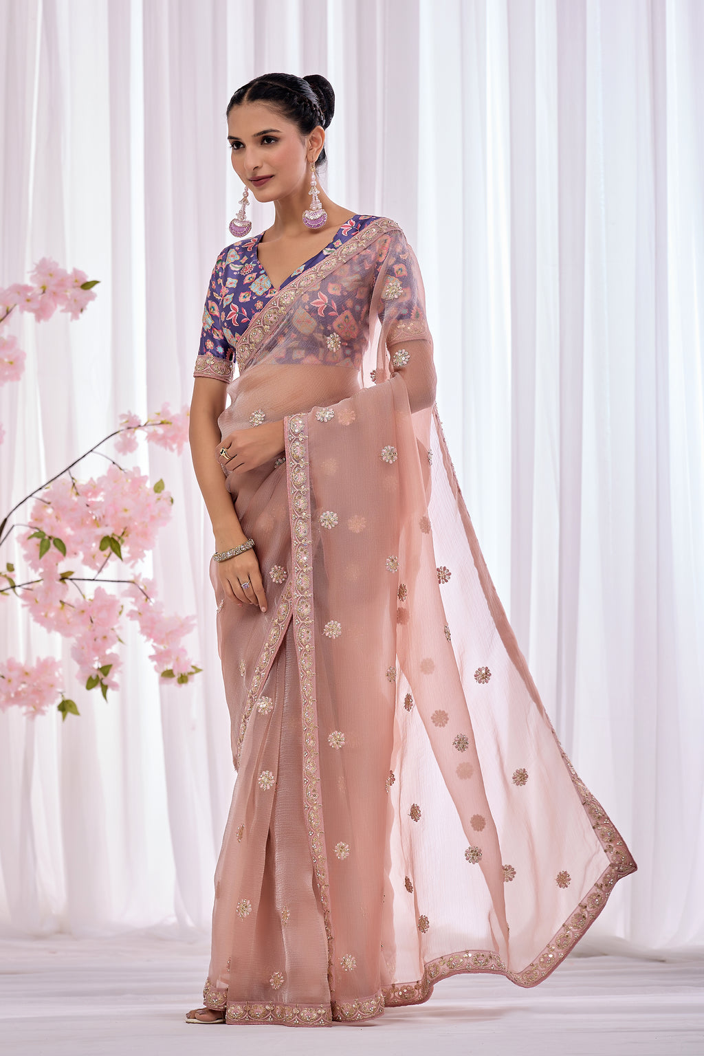 Tara — Blush Pink Embroidered Organza Saree | Morpankh 1.0