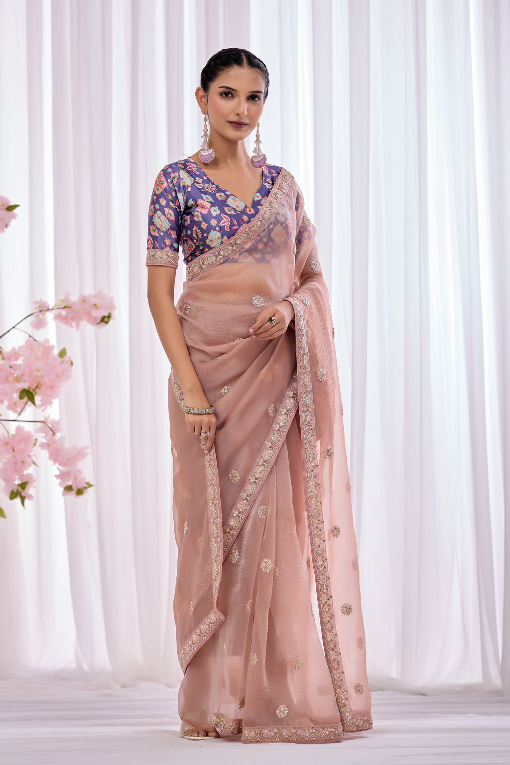 Tara — Blush Pink Embroidered Organza Saree | Morpankh 1.0