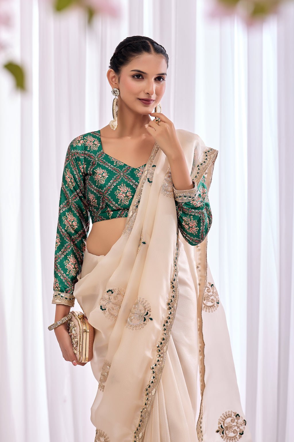 Chandni — Cream Embroidered Tissue Organza Saree | Morpankh 1.0