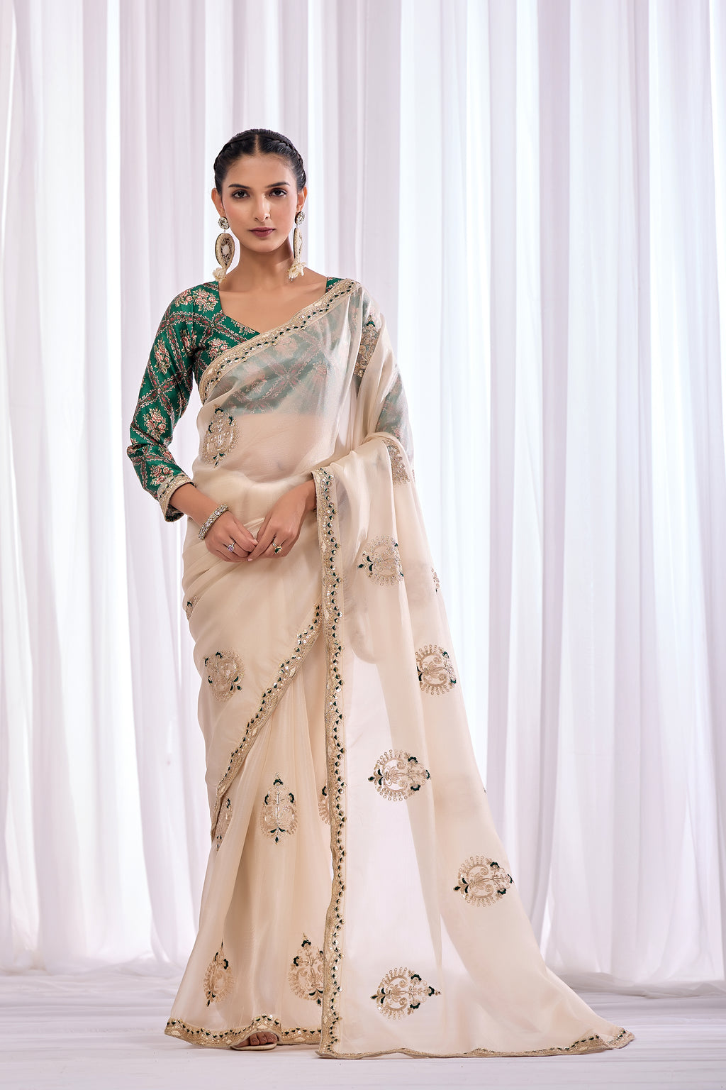 Chandni — Cream Embroidered Tissue Organza Saree | Morpankh 1.0