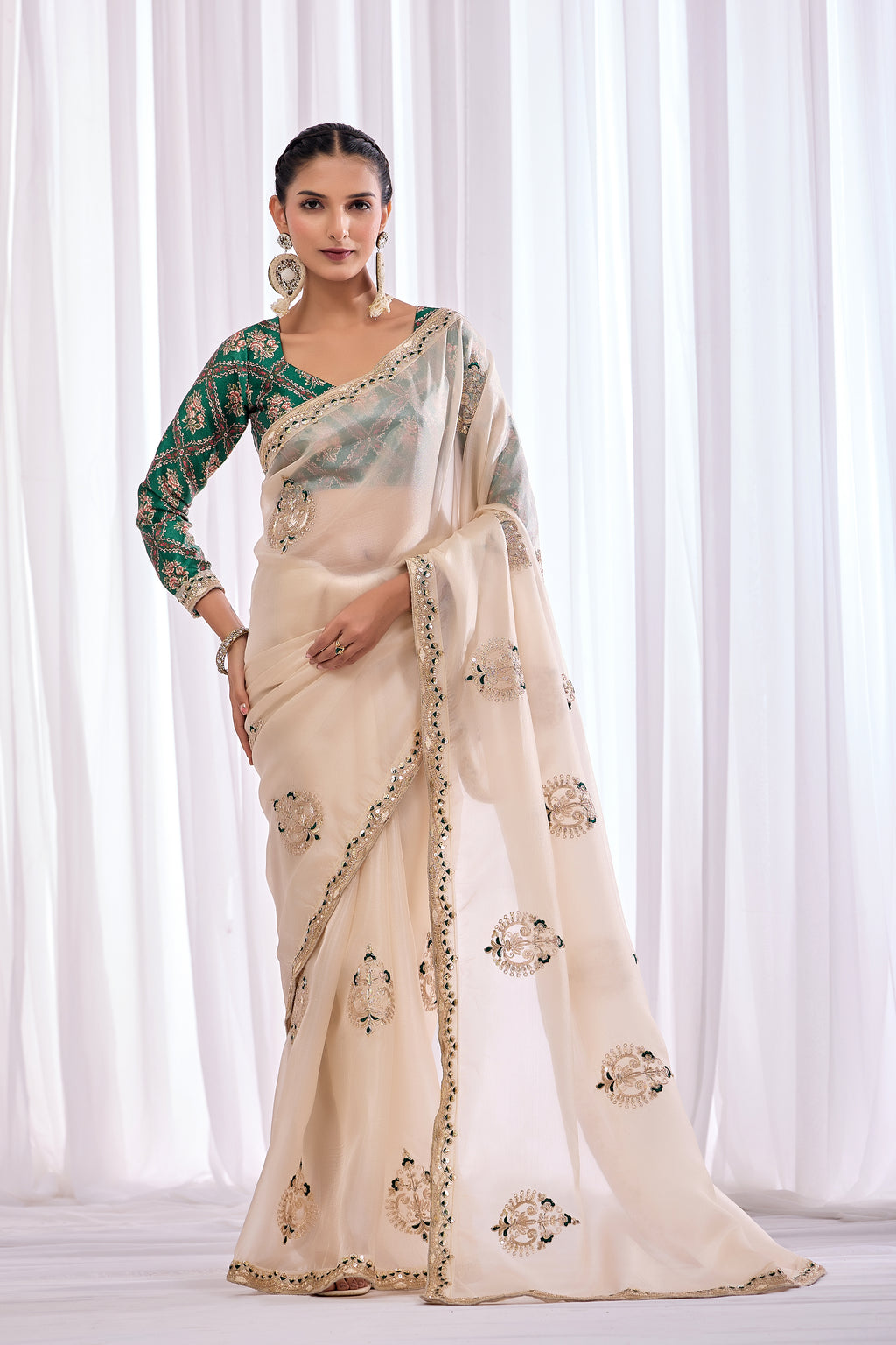 Chandni — Cream Embroidered Tissue Organza Saree | Morpankh 1.0