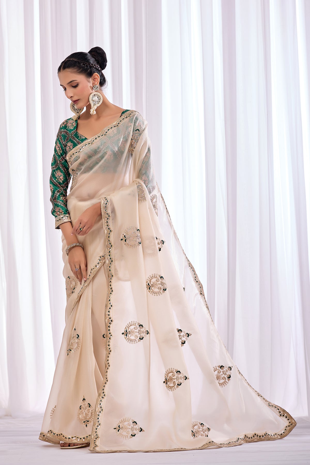 Chandni — Cream Embroidered Tissue Organza Saree | Morpankh 1.0