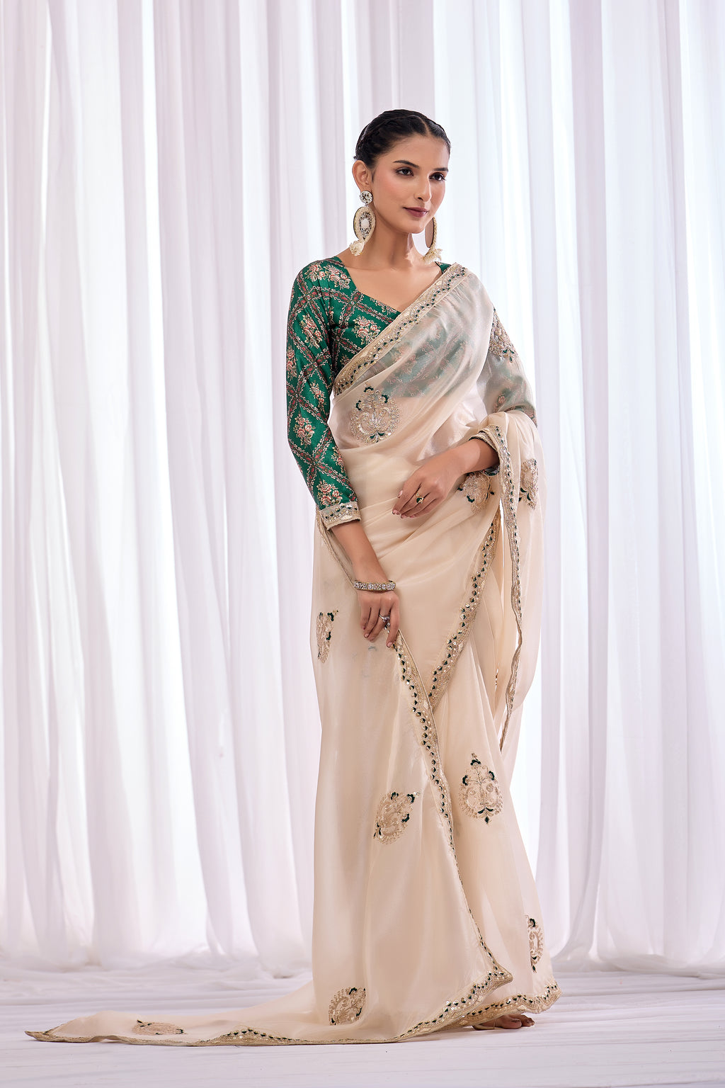 Chandni — Cream Embroidered Tissue Organza Saree | Morpankh 1.0