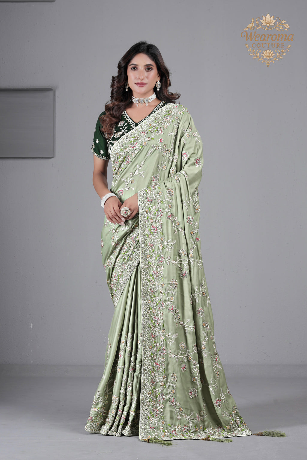 Suhagan Satin Saree with Heavy Floral Work & Contrast Blouse