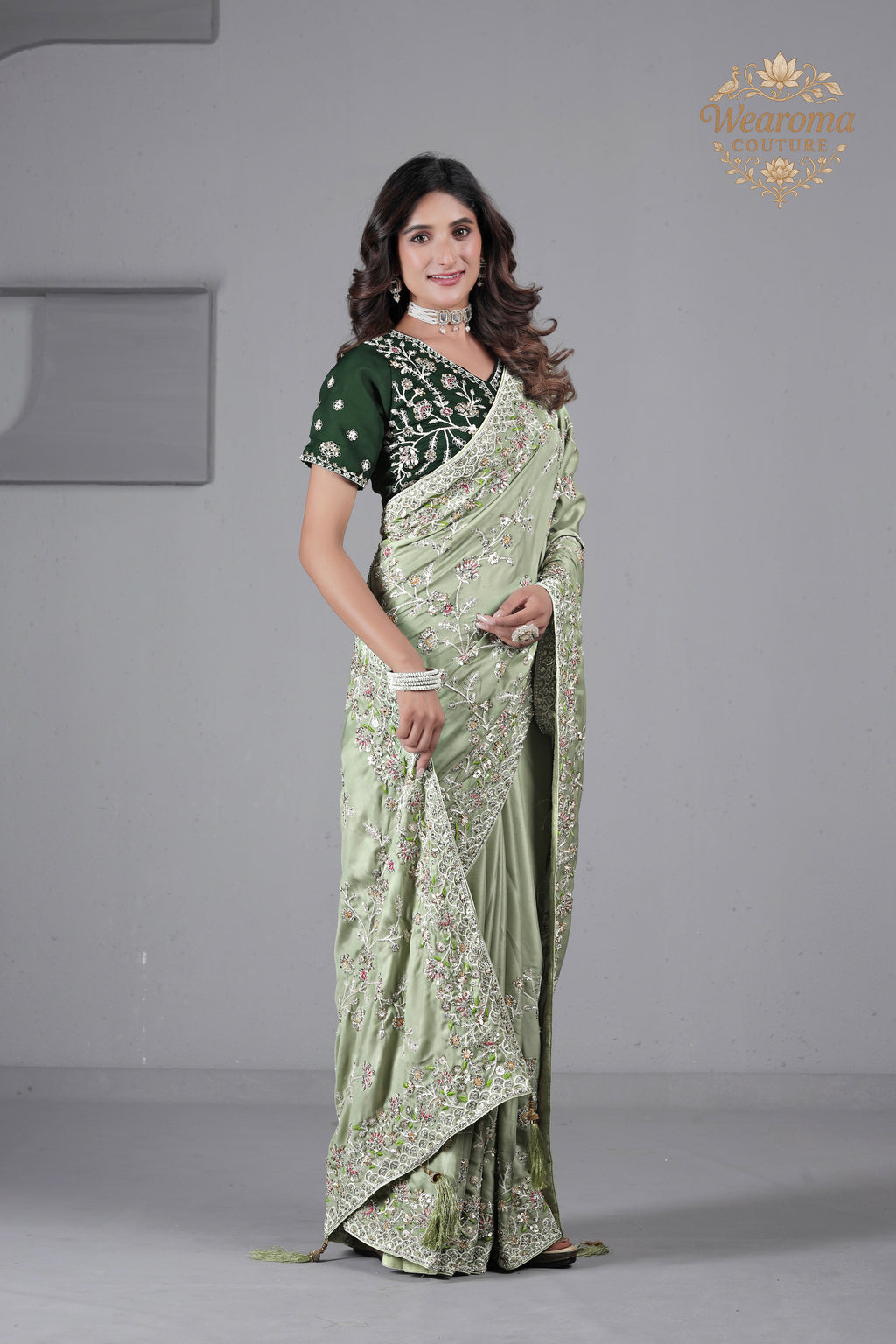 Suhagan Satin Saree with Heavy Floral Work & Contrast Blouse