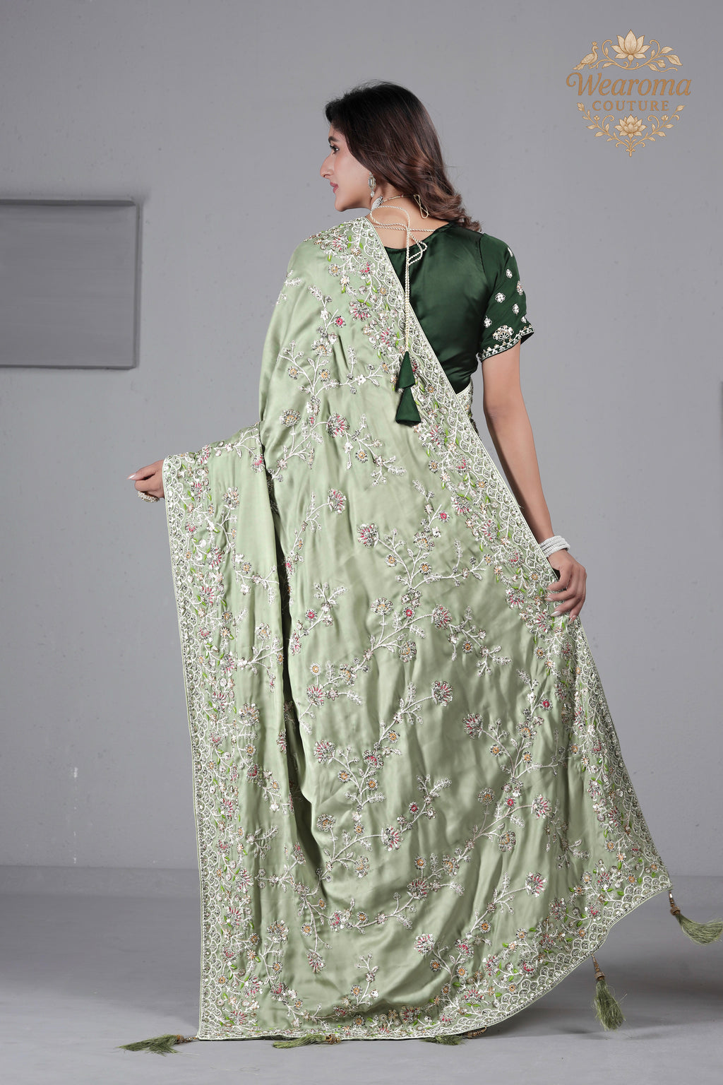 Suhagan Satin Saree with Heavy Floral Work & Contrast Blouse