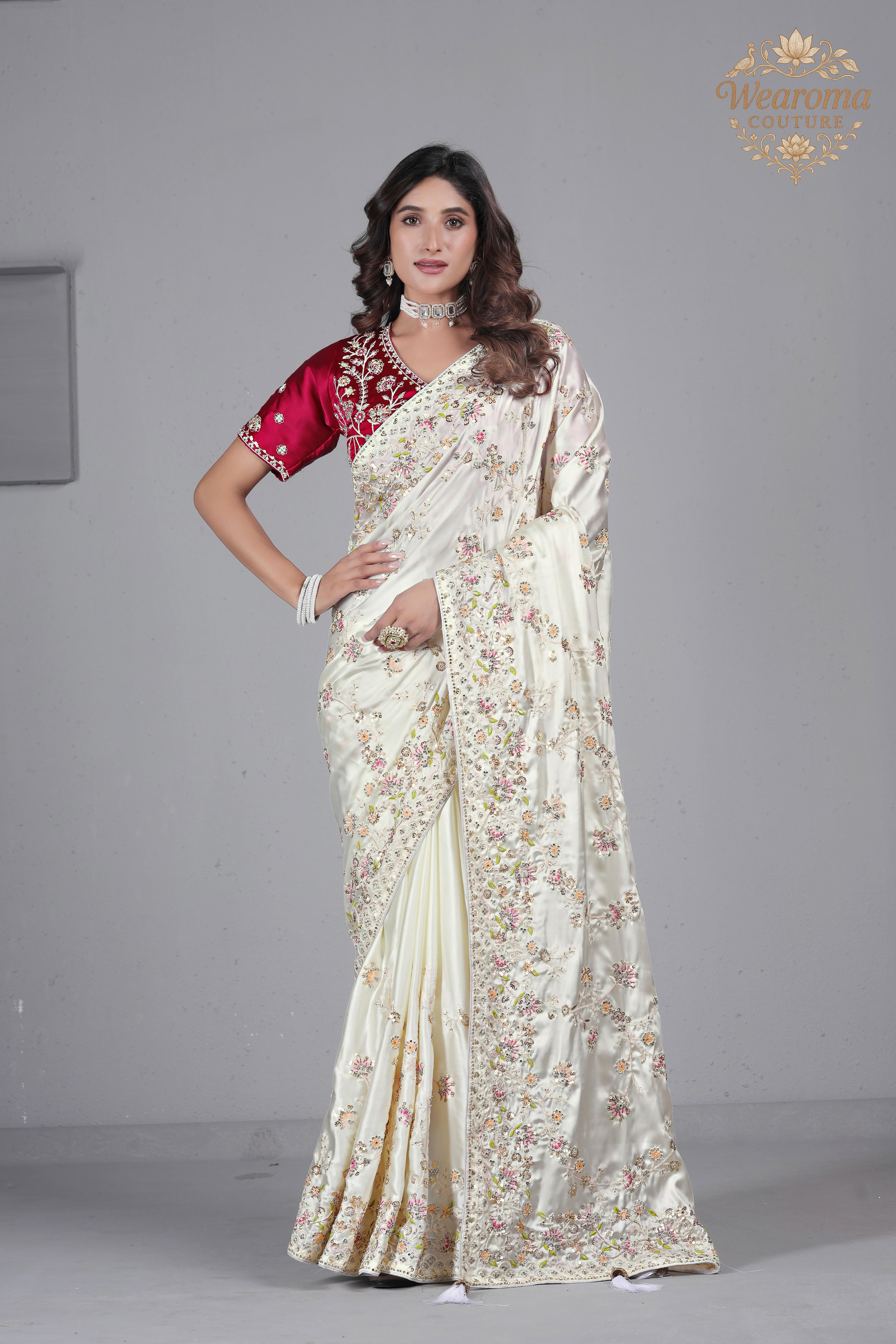 Suhagan Satin Saree with Heavy Floral Work & Contrast Blouse