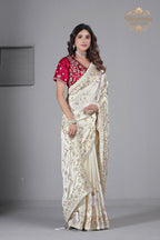Suhagan Satin Saree with Heavy Floral Work & Contrast Blouse