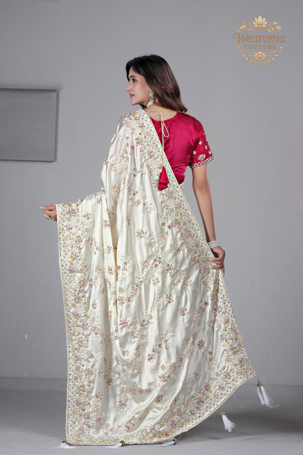 Suhagan Satin Saree with Heavy Floral Work & Contrast Blouse