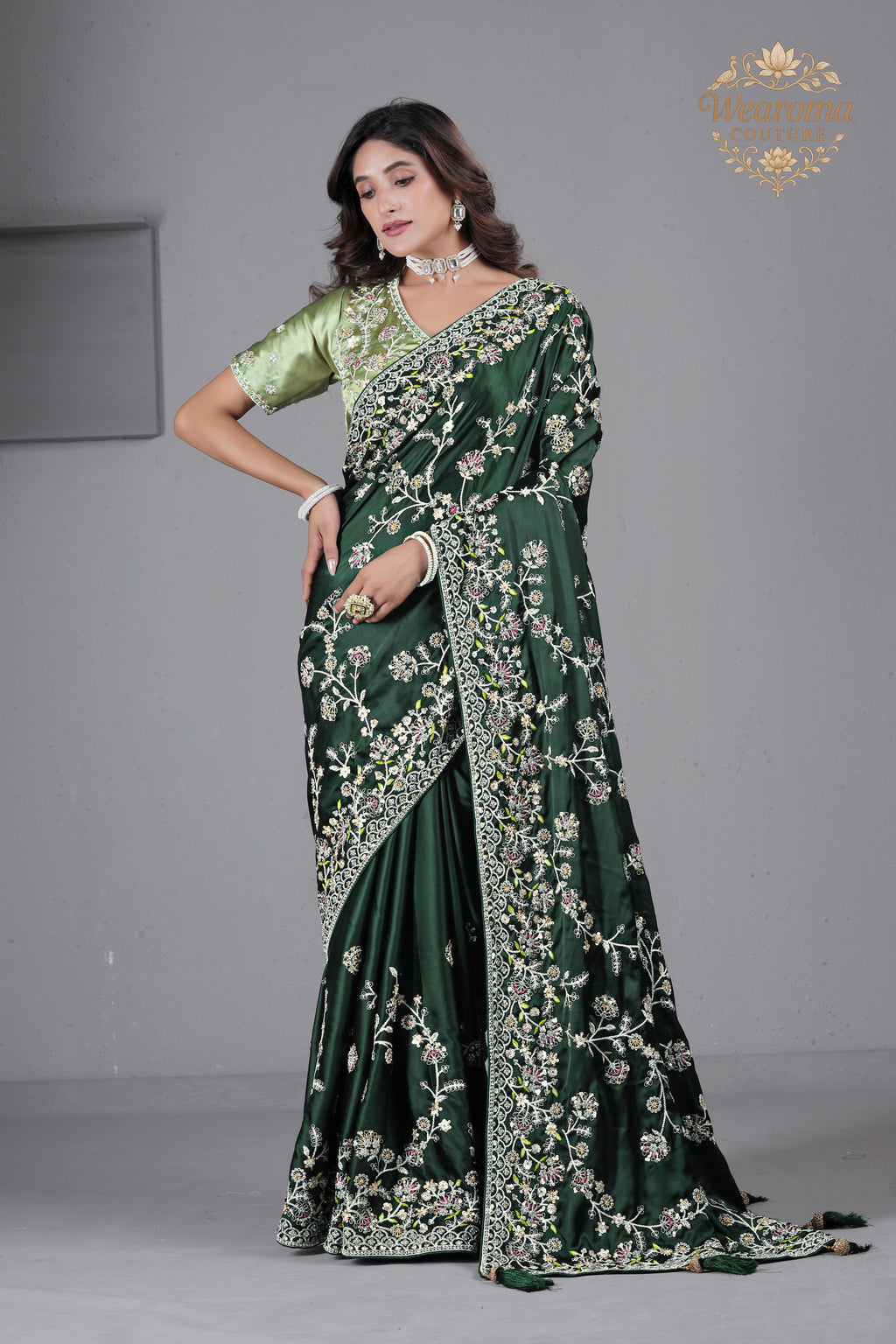 Suhagan Satin Saree with Heavy Floral Work & Contrast Blouse