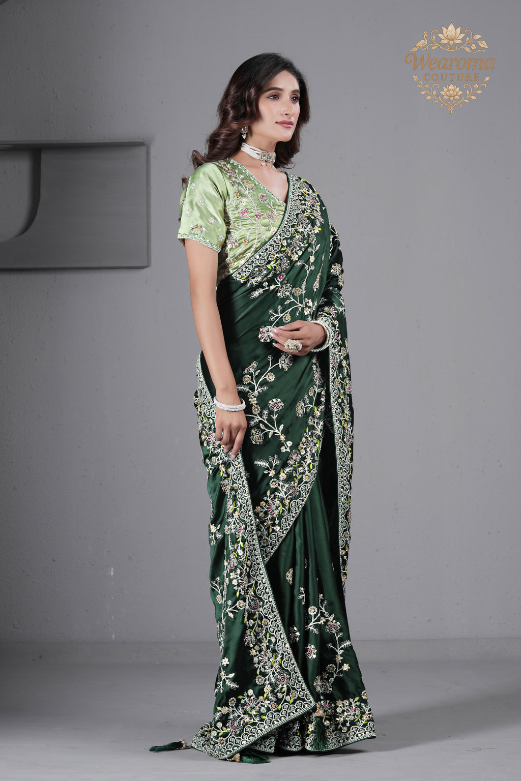 Suhagan Satin Saree with Heavy Floral Work & Contrast Blouse