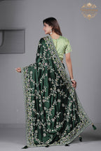 Suhagan Satin Saree with Heavy Floral Work & Contrast Blouse